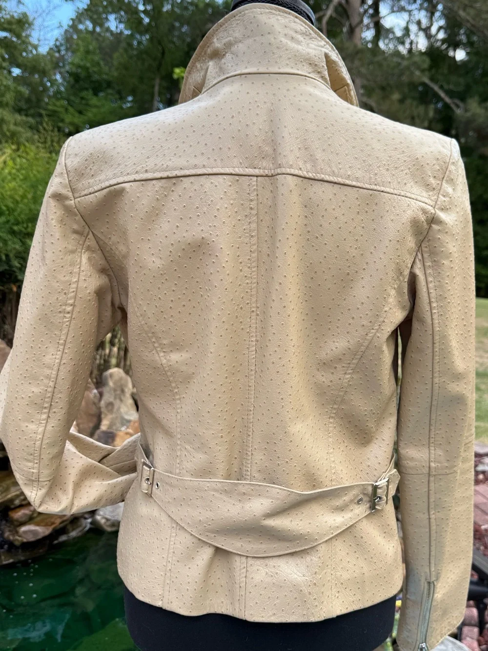 Vera Pelle Light Tan Perforated Ostrich embossed Leather Jacket Buckle Collar - Picture 3 of 14